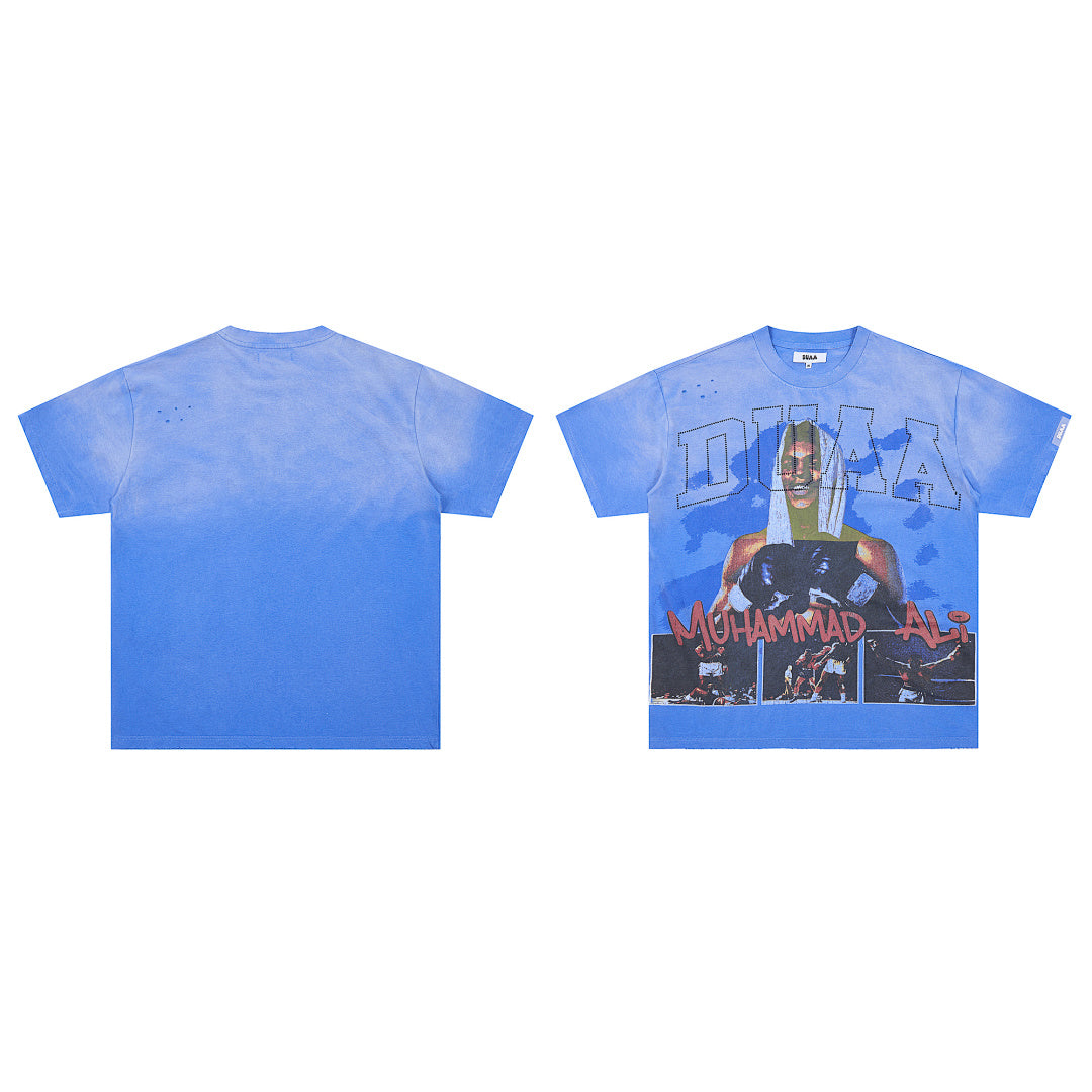 Blue Washed Muhammad Ali Vintage Portrait DUAA Graphic Oversized T‑Shirt