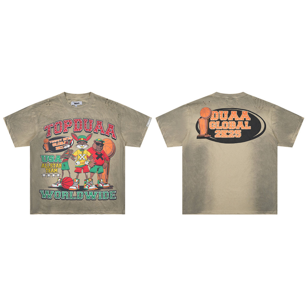 Olive Washed Cartoon Basketball DUAA Double‑Sided Graphic Oversized T‑Shirt