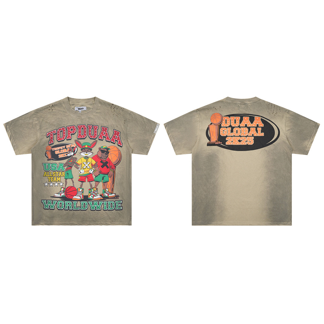 Olive Washed Cartoon Basketball DUAA Double‑Sided Graphic Oversized T‑Shirt