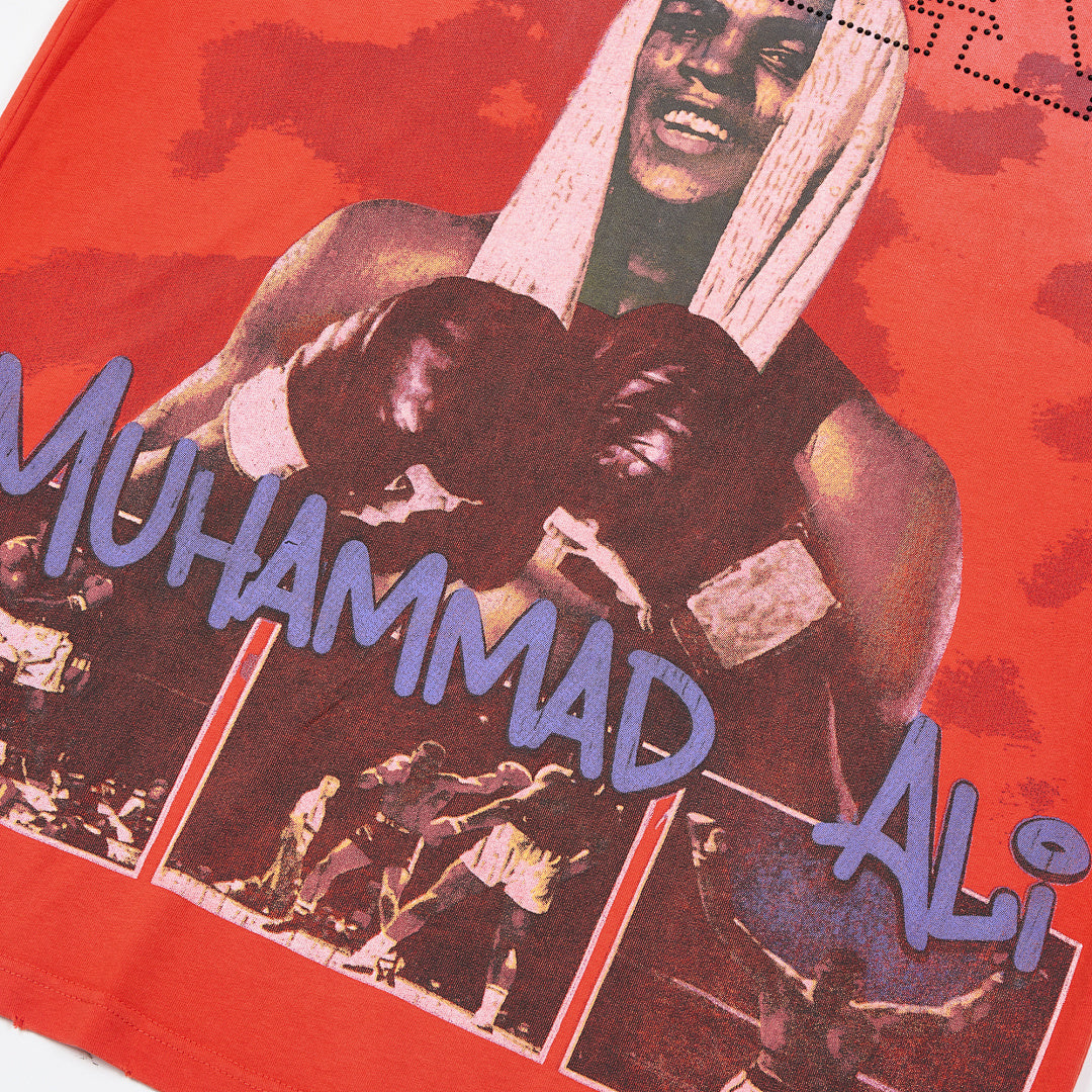 Red Vintage Muhammad Ali Boxing Portrait Graphic Oversized T‑Shirt