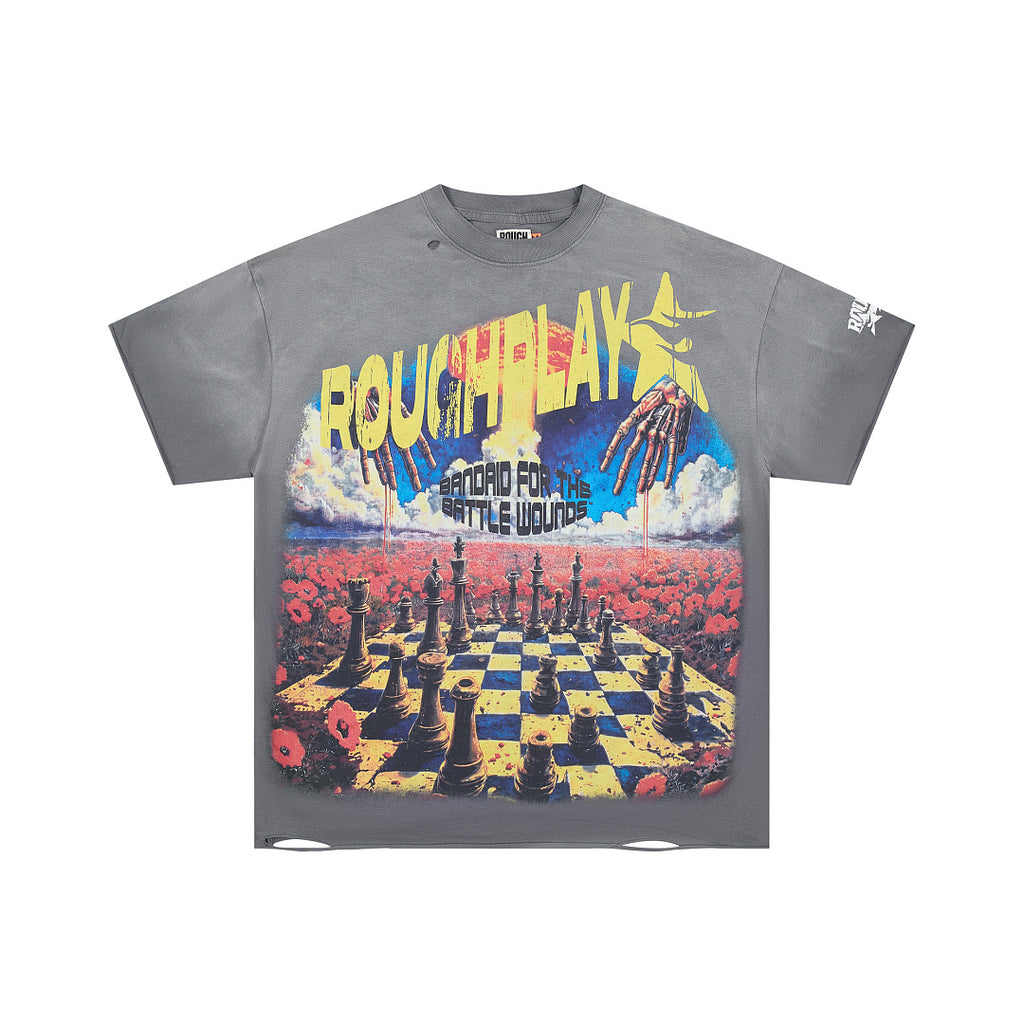Washed Grey Chessboard World Map Graphic Oversized Tee Streetwear Short Sleeve T‑Shirt