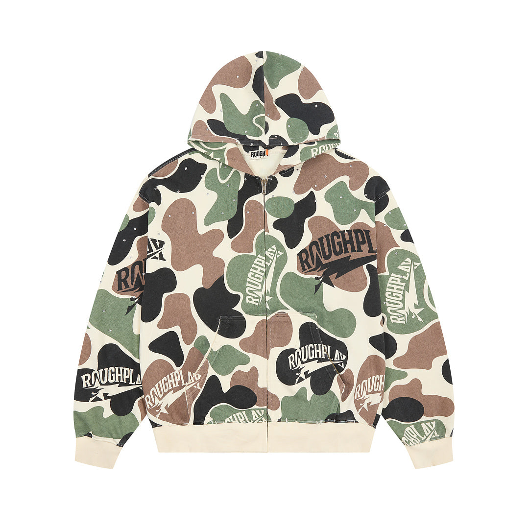 Classic Green Camo Full Zip‑Up Hoodie Oversized Streetwear Hooded Jacket