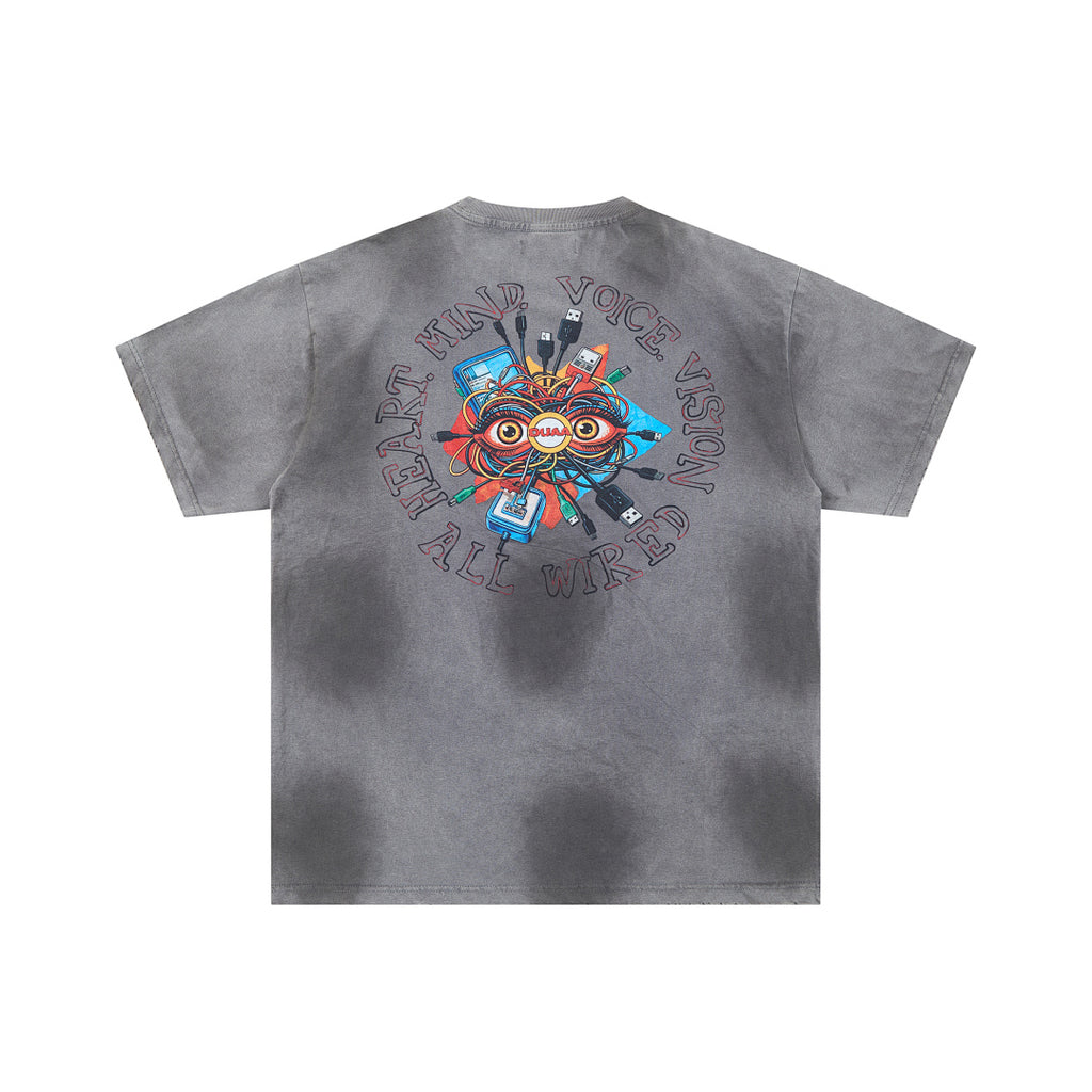 Washed Grey Psychedelic Abstract Art DUAA Graphic Oversized T‑Shirt