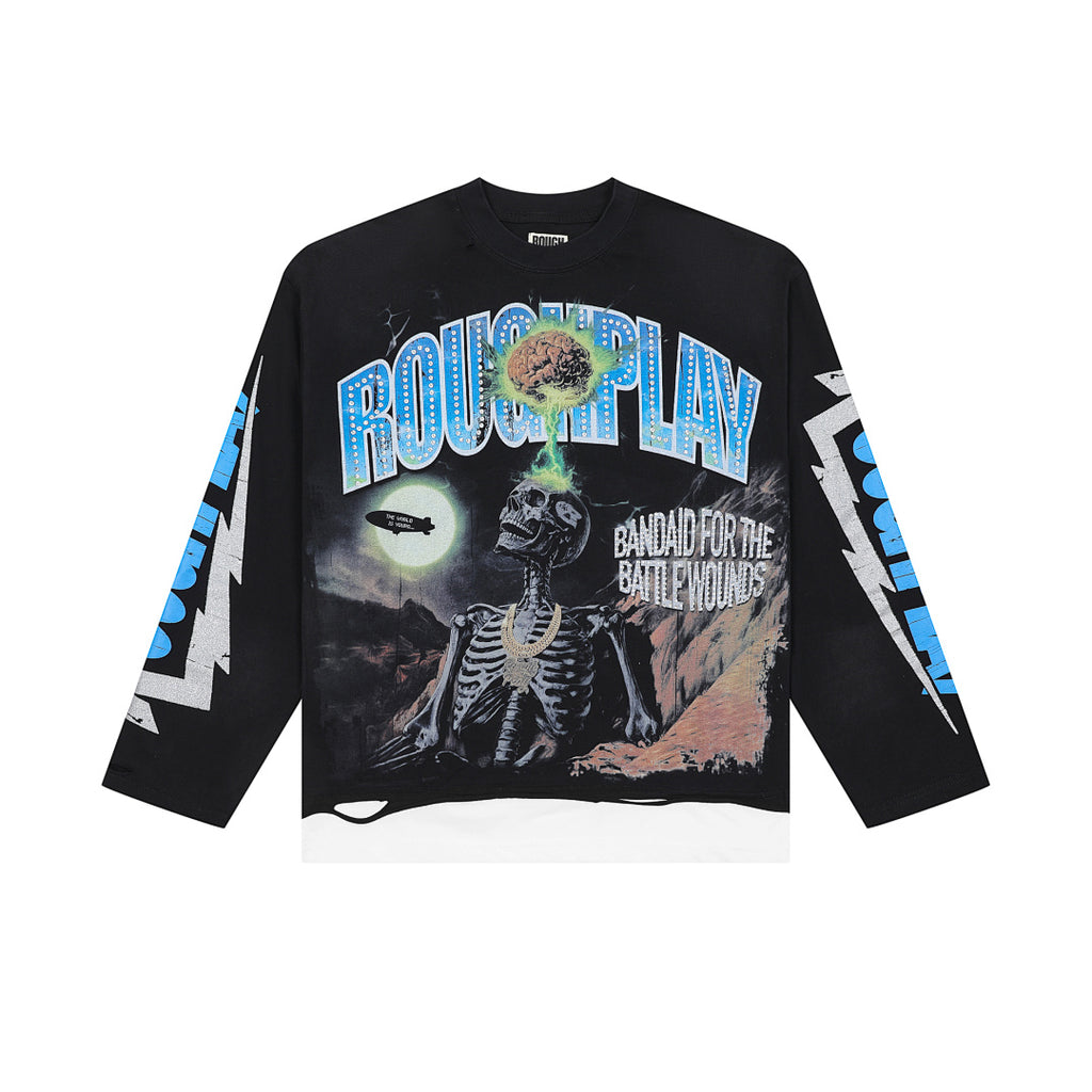 Roughplay Skeleton Retro Graphic Long Sleeve Tee Men Oversized Streetwear Top