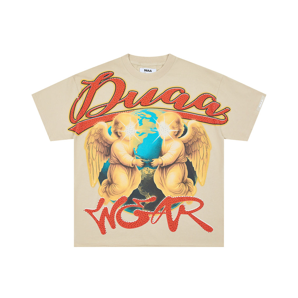Beige Vintage Angel Globe Graphic Oversized T‑Shirt