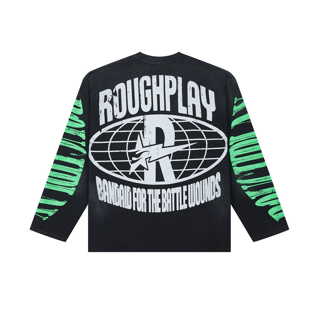 Black Vintage Basketball Star Graphic Long Sleeve Tee Roughplay Oversized Streetwear T‑Shirt