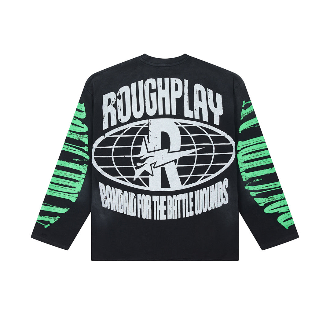 Black Vintage Basketball Star Graphic Long Sleeve Tee Roughplay Oversized Streetwear T‑Shirt