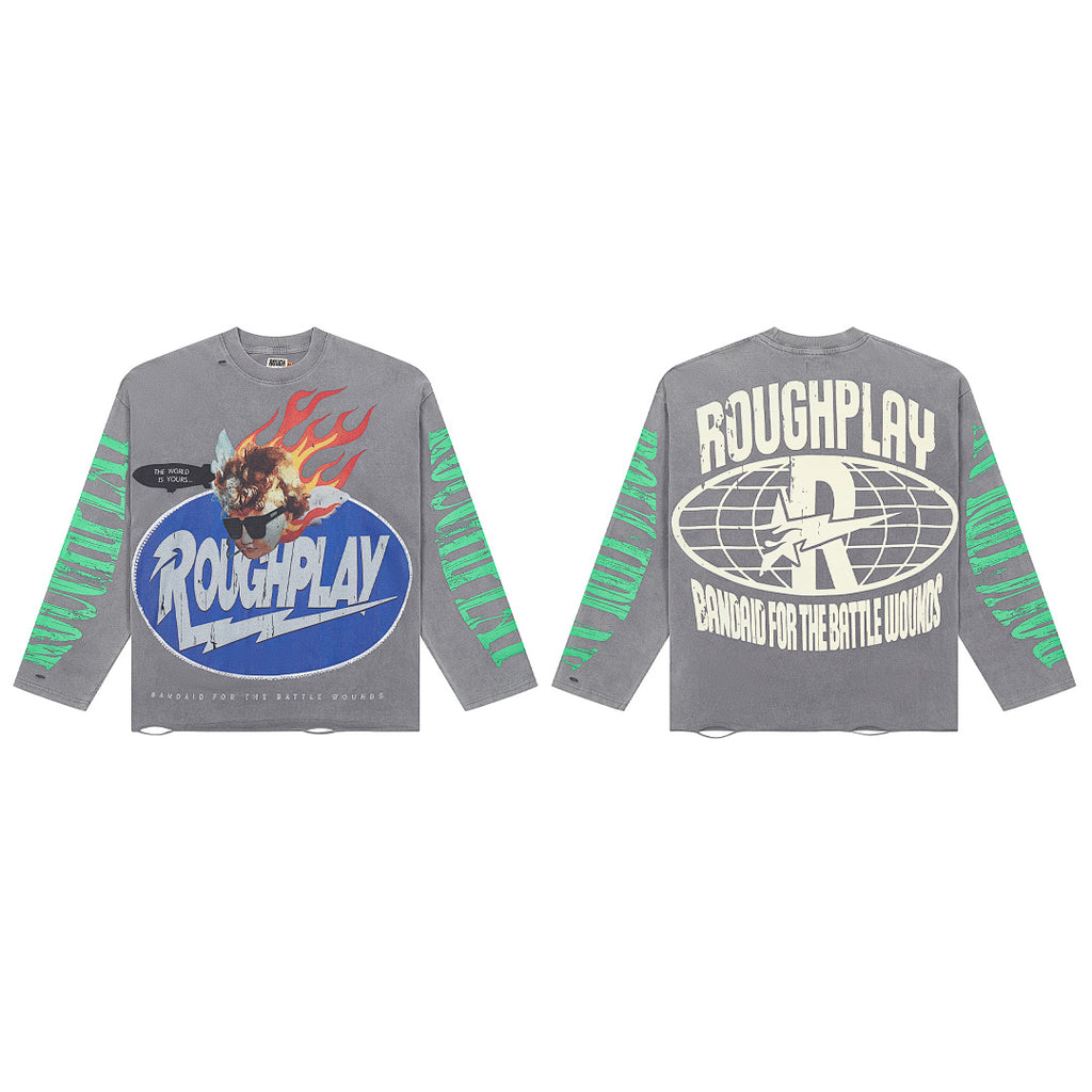 Roughplay Grey Flame Badge Graphic Long Sleeve Tee Men Oversized Streetwear Top