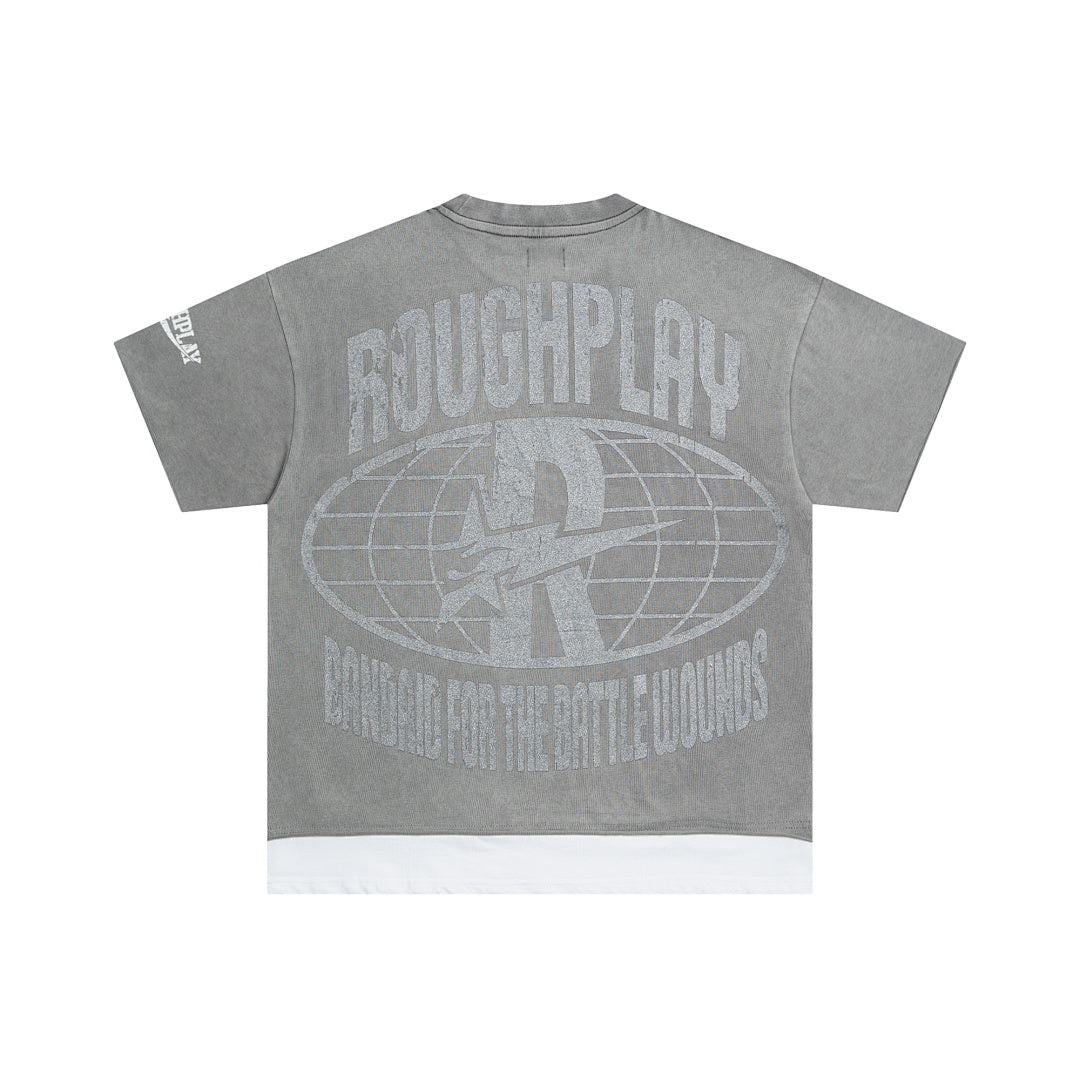 Vintage Washed Grey Skull Globe Graphic Oversized T‑Shirt