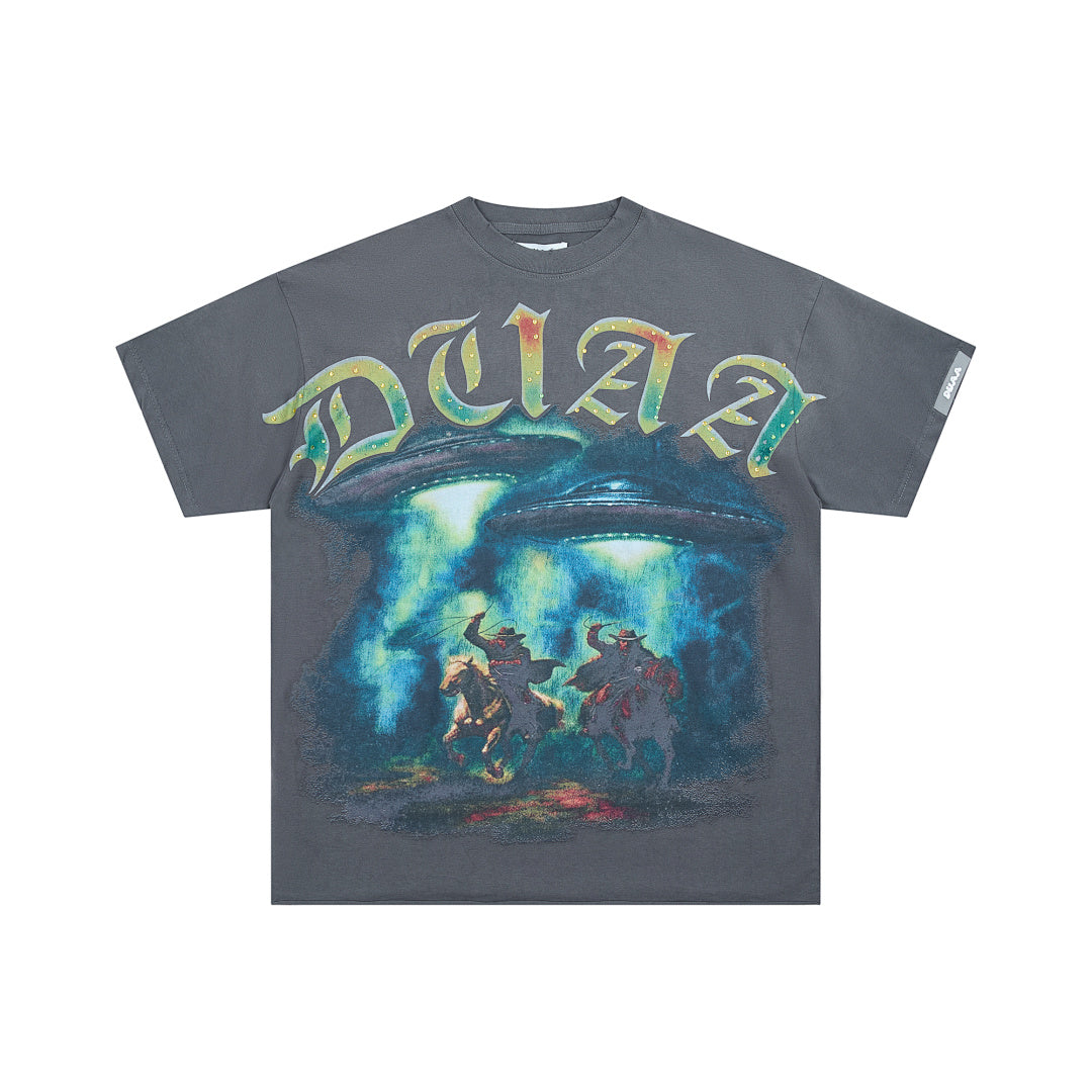 Washed Black Vintage Fantasy Dragon Graphic Oversized T‑Shirt